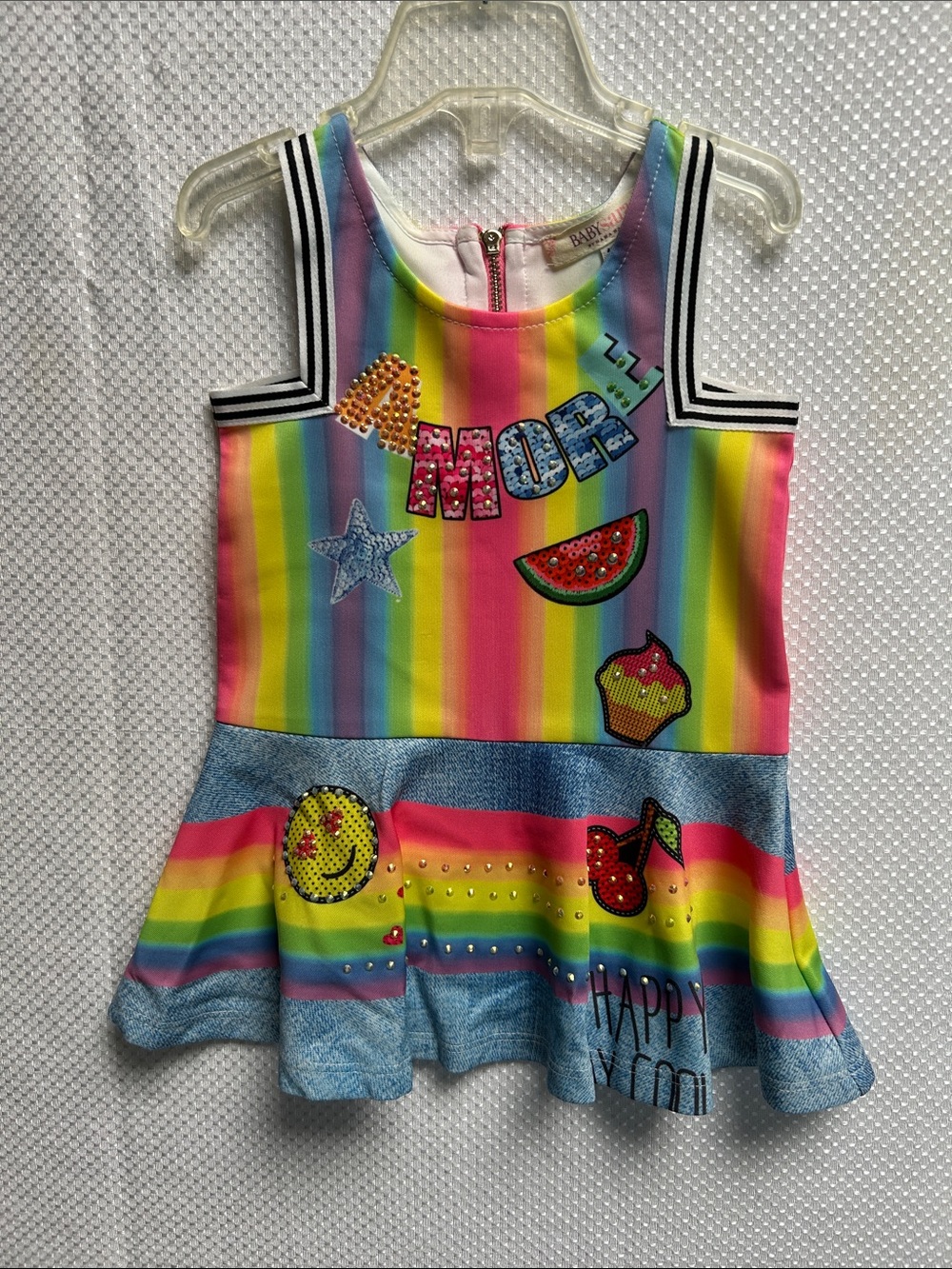 Baby Sara Girls Rainbow Stripe Tank Dress with Fun Patches. NWOT. 12 months.